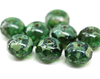 7x11mm Picasso green fire polished rondelle Czech glass beads large rondels 8pc - 3978