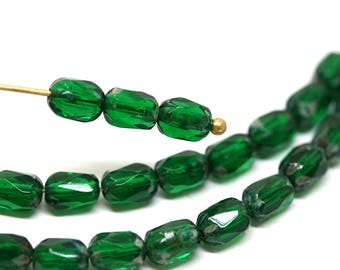 6x4mm Dark green rice beads Picasso czech glass fire polished small oval barrel beads, 25pc - 5364