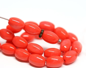 Coral Red oval beads Czech glass pressed barrel beads Red rice beads 9x6mm 30pc - 2416