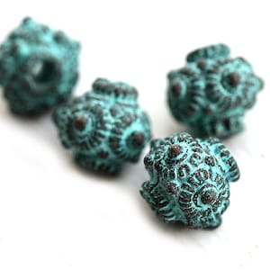 9mm Verdigris Patina round metal beads, greek casting ornament copper beads, 4Pc - F520