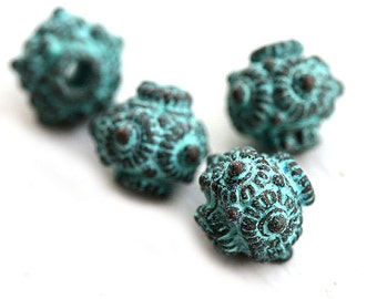 9mm Verdigris Patina round metal beads, greek casting ornament copper beads, 4Pc - F520