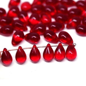6x9mm Dark red czech glass teardrop beads, Transparent ruby red top drilled pressed drops 40pc - 0303