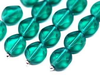 ティールグリーンの波型楕円形チェコビーズ 9 x 8 mm ファイアポリッシュガラスビーズ 15 個 - 2461