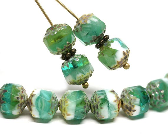 Teal Cathedral Czech Glass Beads: Seafoam Green Picasso Finish