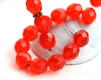 8mm Red glass beads light Red round Czech glass beads, fire polished faceted ball beads - 15Pc - 2705