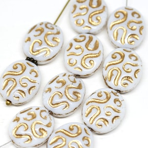 White Gold glass beads, White czech glass beads with golden ornament, 17mm double sided oval beads, Gold wash - 8Pc - 1361