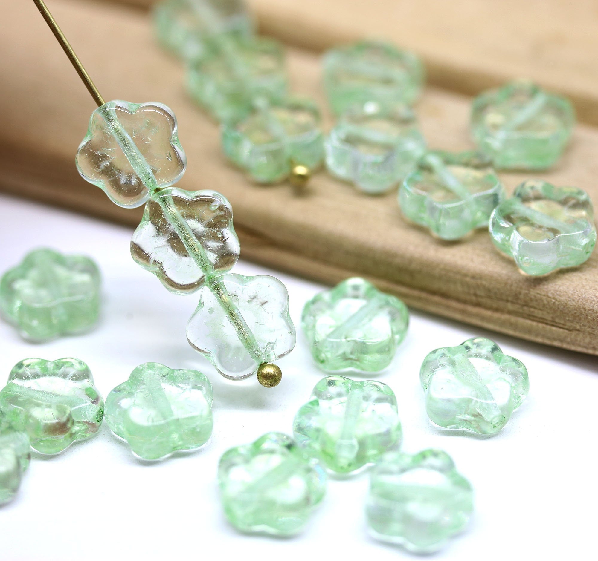 Light Green Czech Glass Flower Beads (8mm, 20pc)