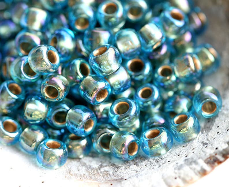 Blue TOHO seed beads size 60 Gold Lined Rainbow Aqua N 995 blue gold round japanese glass beads S292 10g