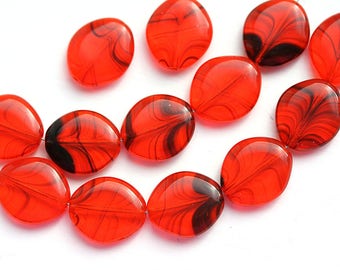 Light Red Czech glass oval beads, Red with black stripes pressed beads - 14x12mm - 15Pc - 1302