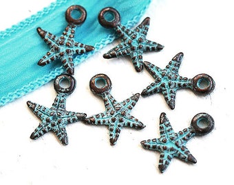 6pc Green Patina Starfish Charms: Beach Jewelry Findings (14mm)