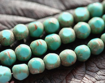 Czech glass beads Turquoise green with rustic brown finish - round cut spacers - 6mm - 30Pc - 0008