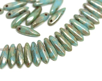 Turquoise green Picasso luster Dagger beads, 3x11mm Czech glass spike tongue beads top drilled - 40pc - 2551