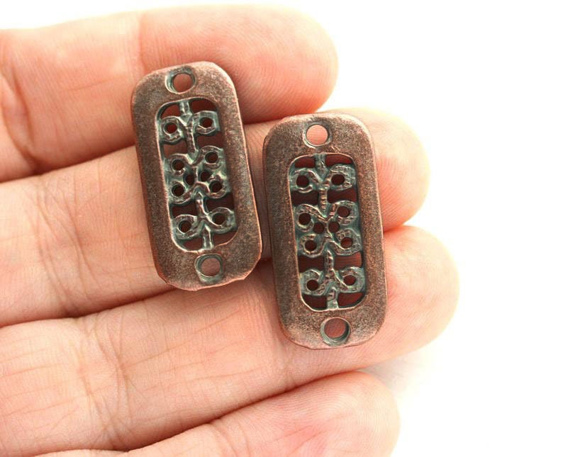 Antique copper rectangle two hole connectors Ornament metal casting patina findings rectanglular charms 2Pc 2102 image 2