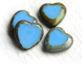 Turquoise blue Heart Beads, picasso finish, czech glass fire polished beads 15mm - 4Pc - 0164