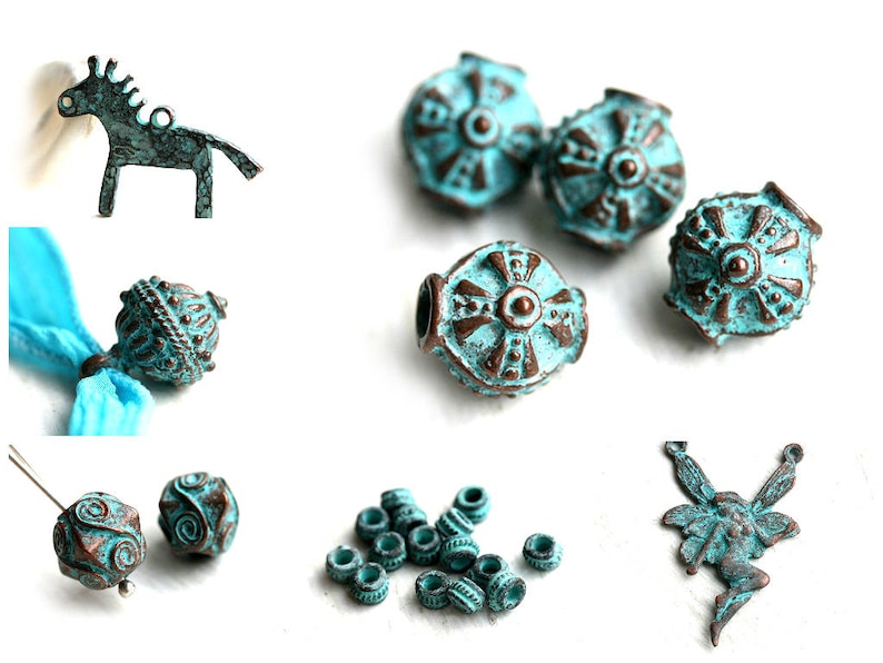 F226 14mm Bead caps Verdigris Green patina findings Ornament Copper bead caps for jewelry making 4Pc