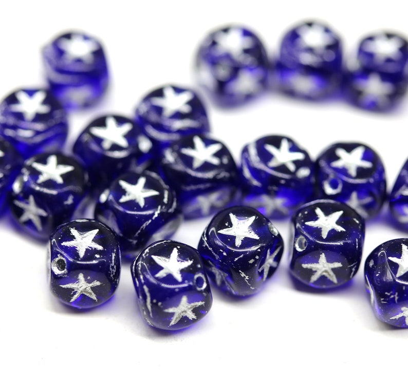 7mm Dark blue cube beads gold silver stars ornament czech glass cubes 20pc Blue/silver