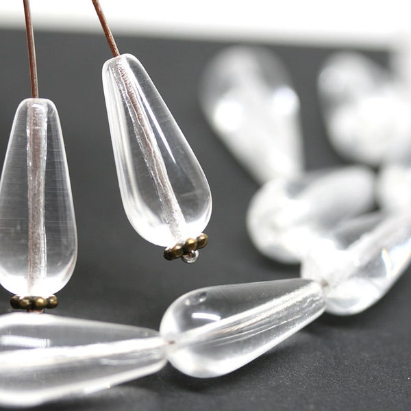 Crystal clear pear shape teardrop czech glass beads 20x9mm long drop bead, 10Pc - 3969