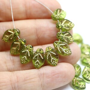 12x7mm Olive green leaf beads Gold wash Czech glass pressed olivine leaves 30Pc 3676 image 4