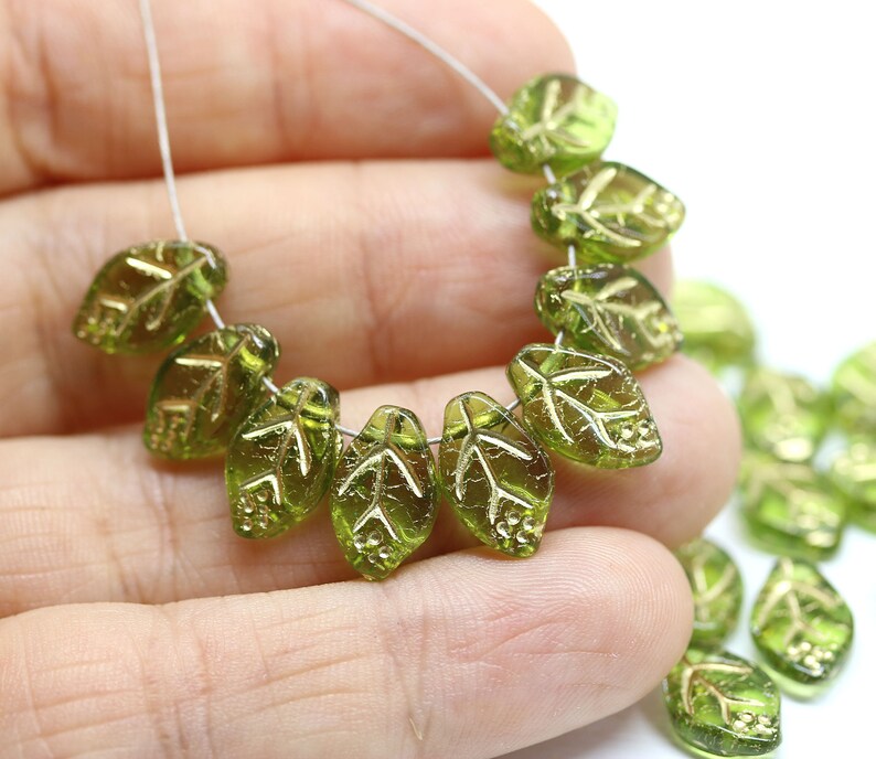 12x7mm Olive green leaf beads Gold wash Czech glass pressed olivine leaves 30Pc 3676 image 4