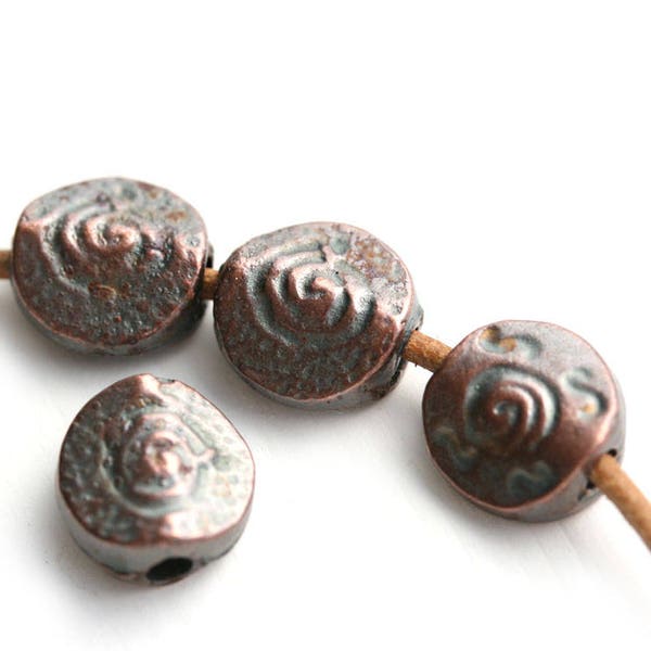 Perles métalliques en spirale de cuivre antique, perles rondes grecques moulées, plates, en forme de pièce, sans plomb, 9mm - 4Pc - F592