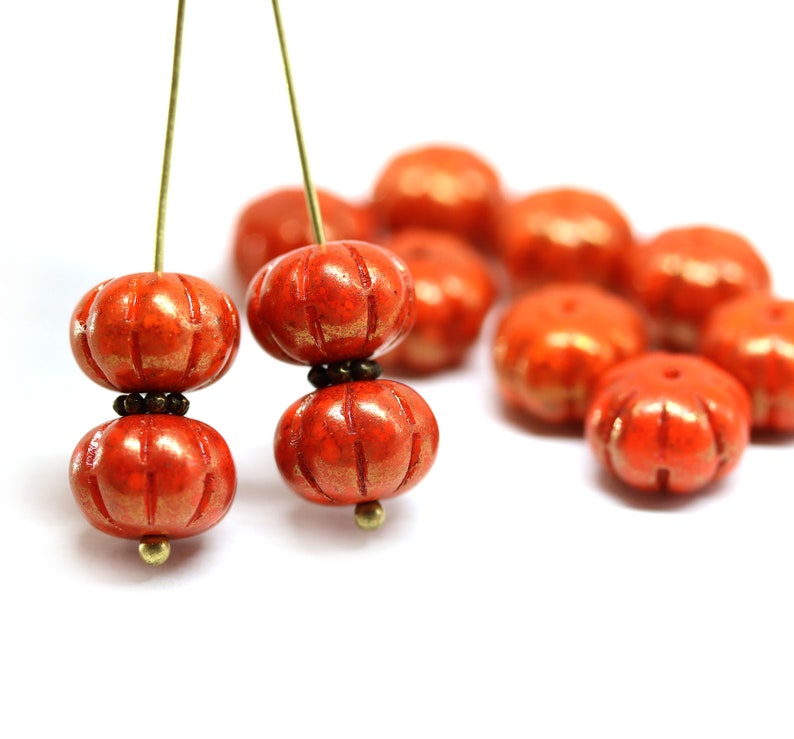 Orange pumpkin beads rustic luster 7x11mm rondelle Czech glass carved pressed beads 5449 image 7