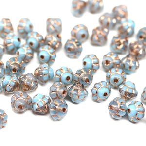 6mm Light blue fancy bicone beads, Czech glass gold wash small bicones, 50pc - 5230