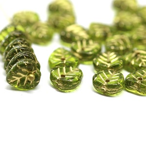 9mm Olive green leaf beads golden wash Olivine heart shaped triangle leaf Czech glass small leaves, 30pc 0027 image 2