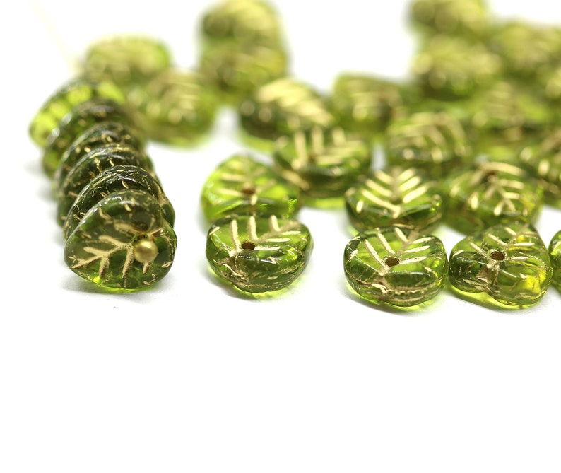 9mm Olive green leaf beads golden wash Olivine heart shaped triangle leaf Czech glass small leaves, 30pc 0027 image 2