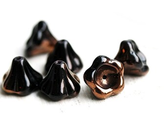 Puffy Flower beads - Black, Old Gold luster - czech glass beads, Bell flower, 11x13mm - 6Pc - 1477