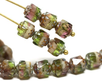 6mm Cathedral czech glass beads Mixed purple green color Picasso fire polished round beads 20pc - 0647