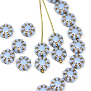 9mm blue daisy flower beads, Golden inlays, czech glass floral beads 20Pc 1596 image 3