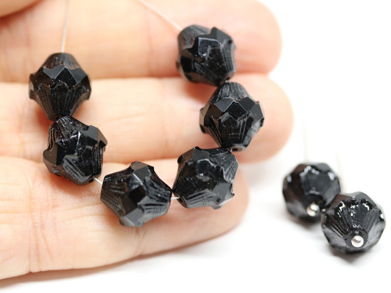 Jet black 11mm bicone beads Baroque czech glass Fire polished large bicones 4pc 2086 image 3