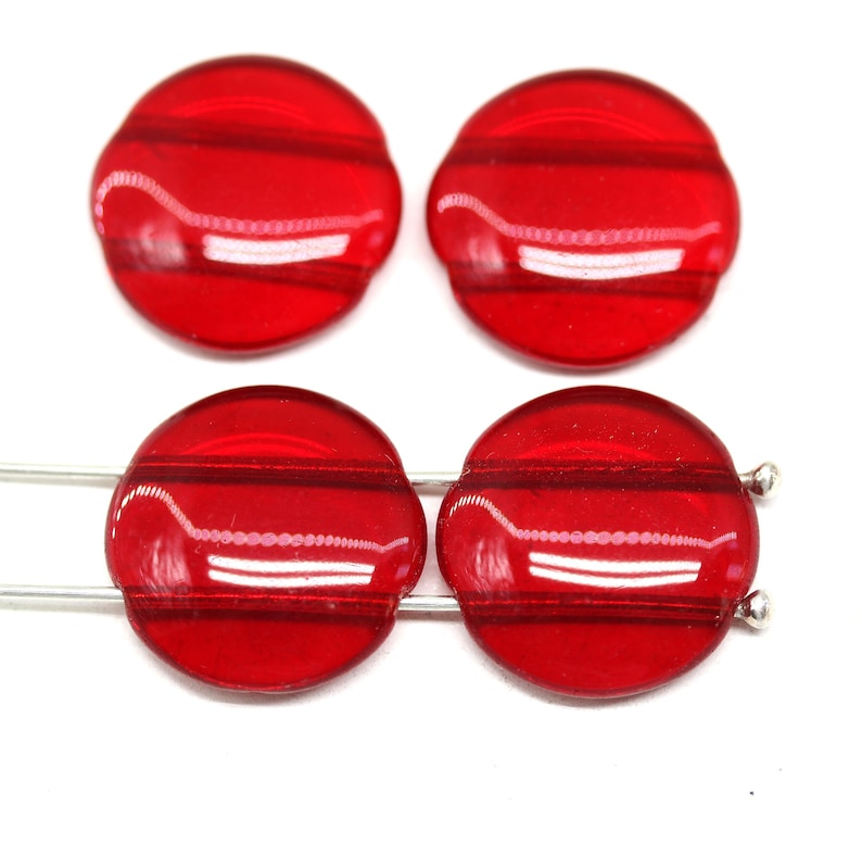 18mm Round dome cabochon beads Two hole flat coin czech glass beads, 4Pc Red