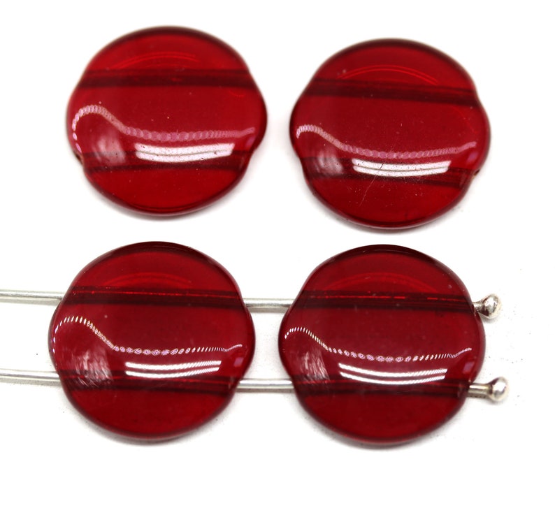 18mm Round dome cabochon beads Two hole flat coin czech glass beads, 4Pc Dark red