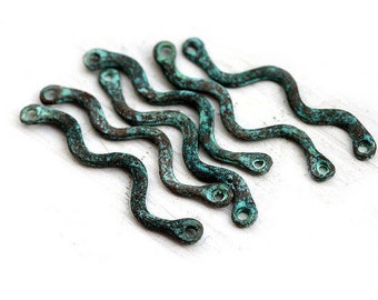 35mm Long Wavy connector links Green patina copper link Lead Free greek metal casting beads jewelry making findings - 6Pc - F197