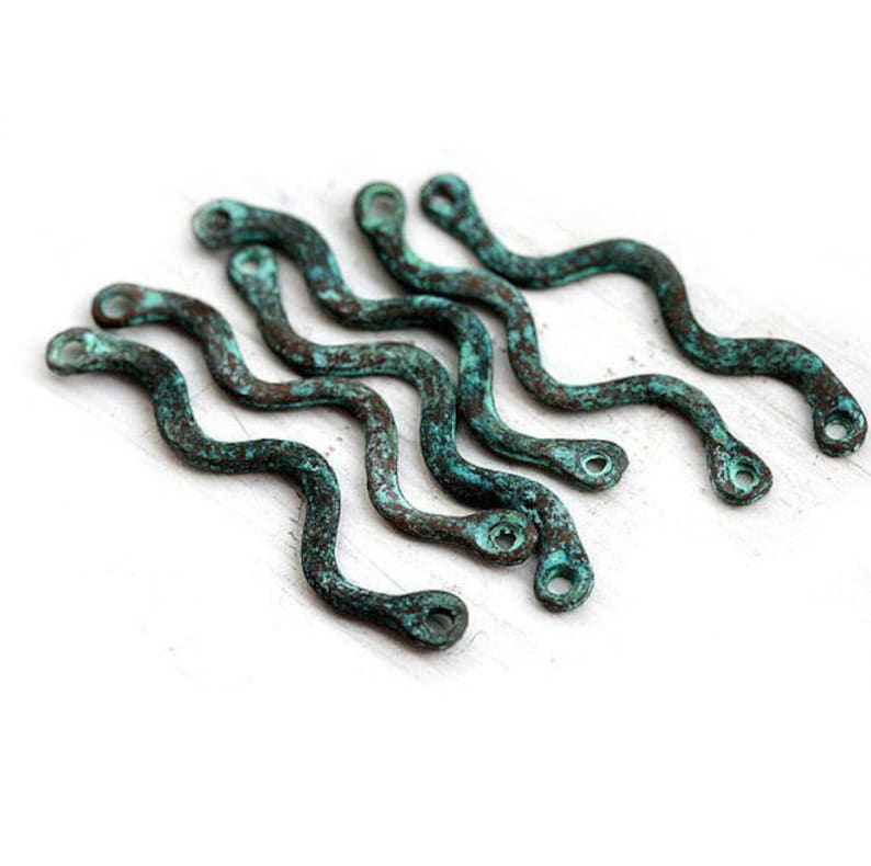 35mm Long Wavy connector links Green patina copper link Lead Free greek metal casting beads jewelry making findings 6Pc F197 image 1