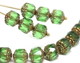 8mm Green cathedral beads Czech glass golden ends round fire polished ball beads 15Pc - 2941