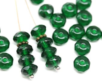 4x7mm Emerald green rondelle beads Dark green Czech glass rondels gemstone cut fire polished, 25pc - 1984