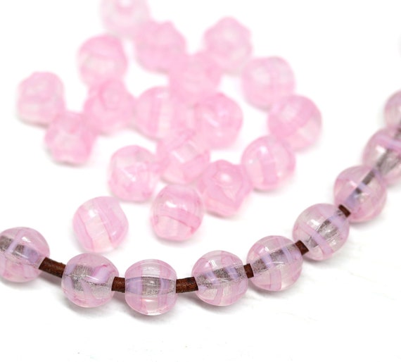 Pink Striped Czech Glass Melon Beads: 6mm Round Beads for Leather Cord (30pc)