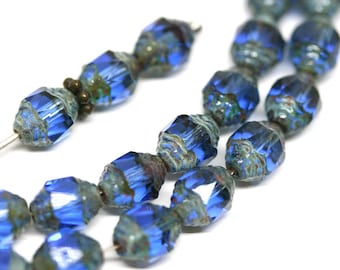 8x6mm Blue cathedral beads Picasso czech glass barrel beads Fire polished Sapphire blue beads 15Pc - 0927