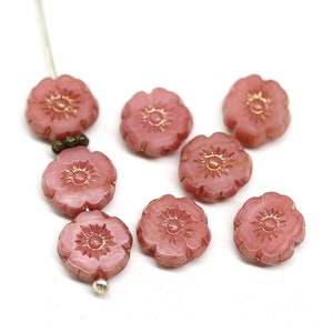 8mm Hibiscus flower Czech glass pink floral green turquoise daisy picasso beads Pink/ luster