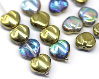 10mm Golden puffy heart Czech glass pressed beads AB finish vitrail 10Pc - 0021