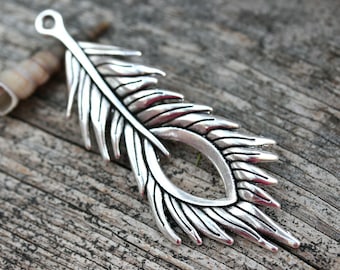 1pc Extra Large Antique Silver Peacock Feather Pendant, 70mm Long feather, Greek metal casting - F538