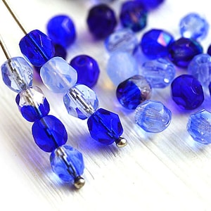 6mm Blue beads mix, czech glass fire polished dark blue glass beads, faceted, round spacer beads - 30Pc - 0052