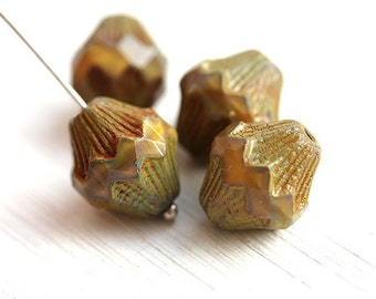 Yellow Ocher rustic beads, czech glass picasso beads, large baroque bicones, table cut, 13mm - 4Pc - 0911