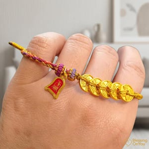 Bransoletka z czerwonego sznurka, amulet z koniem szczęścia, prezent na dobrobyt i ochronę, bransoletka z monetami Feng Shui Pięciu Cesarzy zdjęcie 5