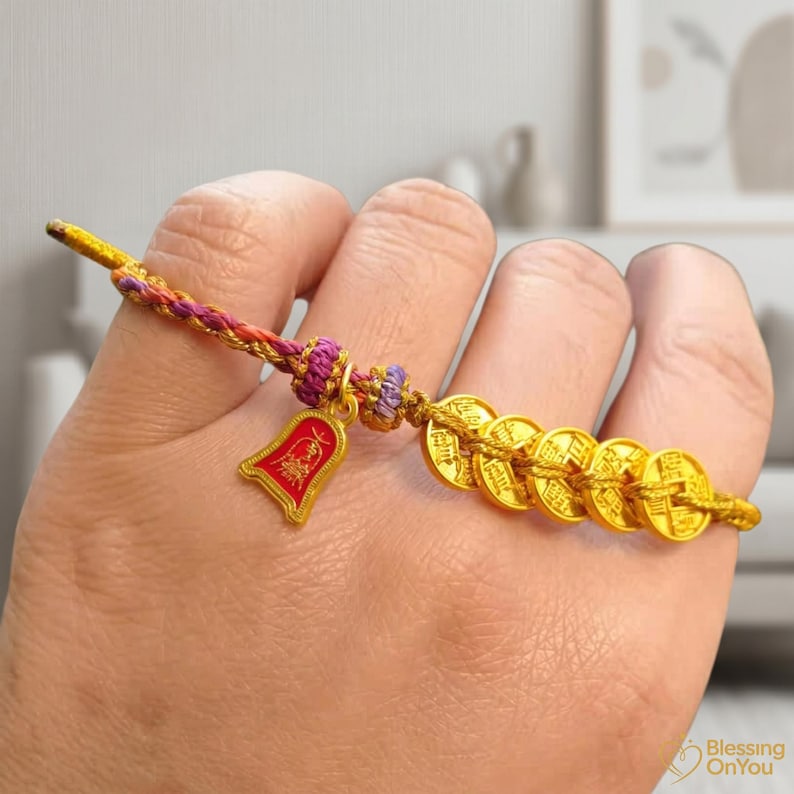 Bransoletka z czerwonego sznurka, amulet z koniem szczęścia, prezent na dobrobyt i ochronę, bransoletka z monetami Feng Shui Pięciu Cesarzy zdjęcie 5