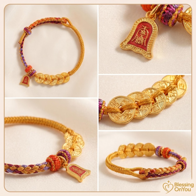 Bransoletka z czerwonego sznurka, amulet z koniem szczęścia, prezent na dobrobyt i ochronę, bransoletka z monetami Feng Shui Pięciu Cesarzy zdjęcie 3