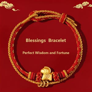 May include: A gold and red Blessings Bracelet with the text "Blessings Bracelet" and "Perfect Wisdom and Fortune". The bracelet features a gold horse charm and red and gold braided cords. The background is a solid red.