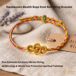 May include: A handwoven rope knot bracelet featuring a central gold-colored knot and a multi-colored braided cord in red, yellow, green, and blue. The bracelet includes an adjustable sliding knot mechanism and is presented with a brown paper tag.